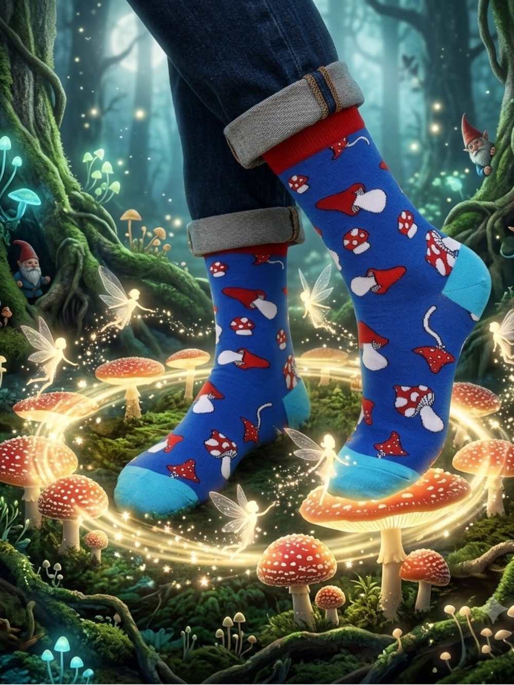 Whimsical Mushroom Novelty Crew Socks - Blue & Red - Unisex